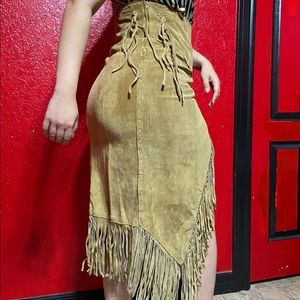 T4 West Tan Fringe Genuine Leather Skirt